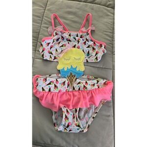 Little Girls 5T Bathing Swim Suit Precious Bow Ice Cream Cone Pink Ruffles Stain